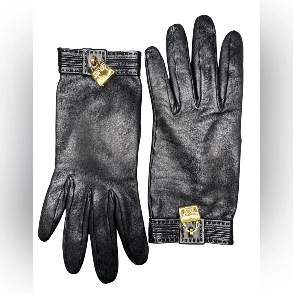 Hermes Kelly Constance Gold Amulette Black Lambskin Leather Gloves Size XS 6.5